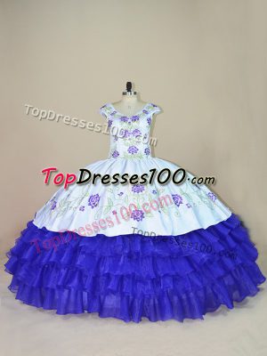 White And Purple Satin and Organza Lace Up V-neck Cap Sleeves Floor Length 15th Birthday Dress Embroidery and Ruffled Layers