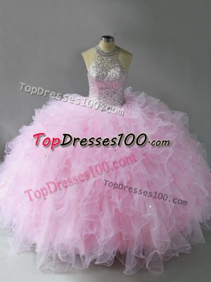 Shining Sleeveless Tulle Floor Length Lace Up Sweet 16 Dress in Pink with Beading and Ruffles