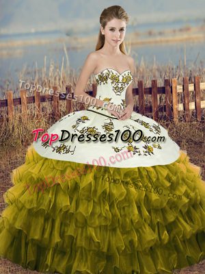 Sleeveless Organza Floor Length Lace Up Vestidos de Quinceanera in Olive Green with Embroidery and Ruffled Layers and Bowknot
