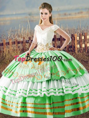 Popular Floor Length Lace Up Quince Ball Gowns Apple Green for Sweet 16 and Quinceanera with Embroidery and Ruffled Layers