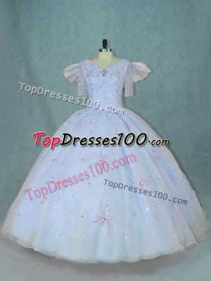 Fashionable Floor Length Light Blue Sweet 16 Dresses Organza Short Sleeves Beading