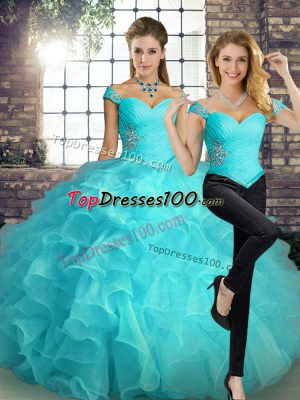 Aqua Blue Lace Up 15 Quinceanera Dress Beading and Ruffles Sleeveless Floor Length