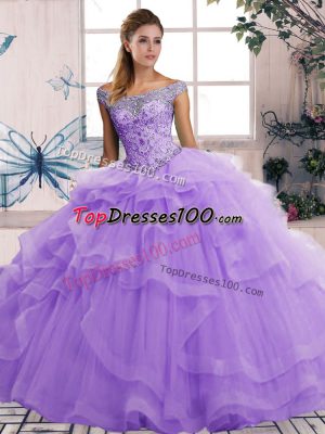 Glittering Sleeveless Tulle Floor Length Lace Up Sweet 16 Quinceanera Dress in Lavender with Beading and Ruffles