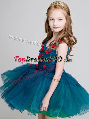 Comfortable Teal Zipper Flower Girl Dress Lace and Appliques Sleeveless Mini Length
