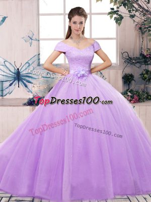 Lavender Lace Up Off The Shoulder Lace and Hand Made Flower Quinceanera Gown Tulle Short Sleeves