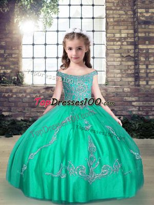 Turquoise Tulle Lace Up Kids Formal Wear Sleeveless Floor Length Beading
