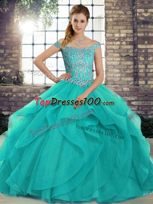 Decent Off The Shoulder Sleeveless Tulle Quinceanera Dresses Beading and Ruffles Brush Train Lace Up