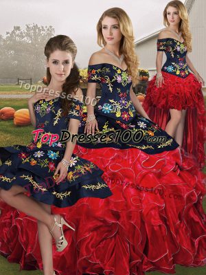 Designer Floor Length Lace Up Quinceanera Gowns Red And Black for Military Ball and Sweet 16 and Quinceanera with Embroidery and Ruffles