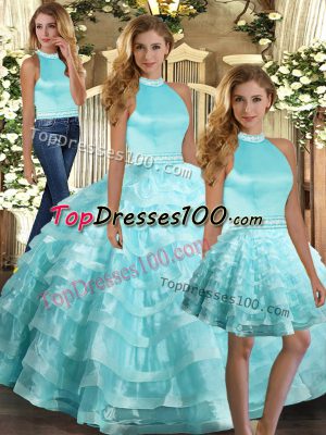 Floor Length Aqua Blue Quinceanera Dress Organza Sleeveless Ruffled Layers