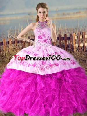 Unique Fuchsia Ball Gowns Embroidery and Ruffles Sweet 16 Quinceanera Dress Lace Up Organza Sleeveless