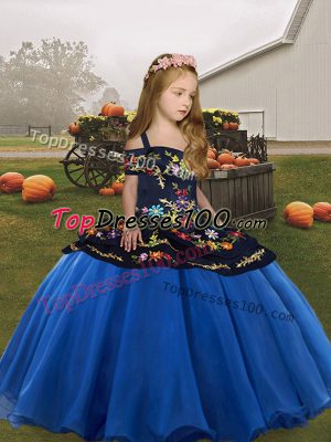 Blue Lace Up Straps Embroidery Little Girl Pageant Dress Organza Sleeveless