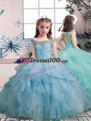 Enchanting Floor Length Light Blue Girls Pageant Dresses Scoop Sleeveless Lace Up