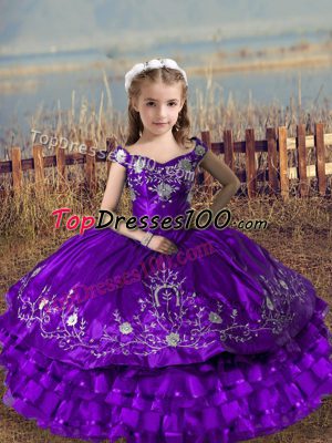 Purple Satin and Organza Lace Up Off The Shoulder Sleeveless Floor Length Little Girl Pageant Dress Embroidery and Ruffled Layers