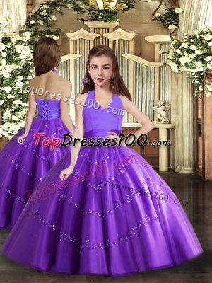 Elegant Floor Length Ball Gowns Sleeveless Purple Little Girl Pageant Gowns Lace Up