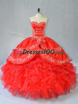 Admirable Red Ball Gowns Organza Sweetheart Sleeveless Embroidery and Ruffles Floor Length Side Zipper Quinceanera Dresses