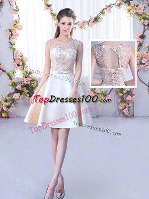 Flirting Champagne A-line Scoop Sleeveless Satin Mini Length Lace Up Lace and Belt Quinceanera Dama Dress