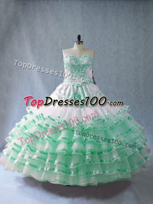 Apple Green Sleeveless Floor Length Embroidery and Ruffled Layers Lace Up Quince Ball Gowns