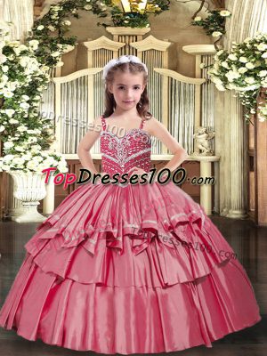 Floor Length Red Pageant Dress Toddler Taffeta Sleeveless Beading
