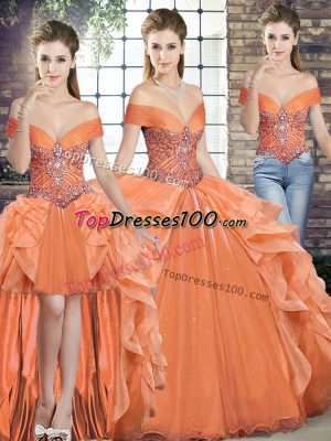 High Class Floor Length Orange Sweet 16 Quinceanera Dress Off The Shoulder Sleeveless Lace Up