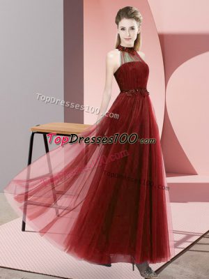 Free and Easy Halter Top Sleeveless Bridesmaid Gown Floor Length Beading and Appliques Wine Red Tulle