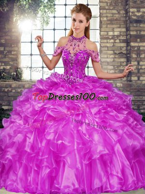 Purple Halter Top Neckline Beading and Ruffles Quinceanera Dress Sleeveless Lace Up
