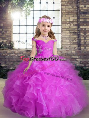 Straps Sleeveless Lace Up Pageant Dress Womens Fuchsia Organza