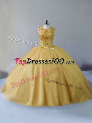 Gold Sweet 16 Dress Scoop Sleeveless Brush Train Lace Up