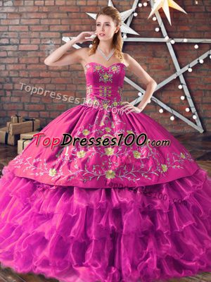 Charming Floor Length Lace Up Quinceanera Gowns Fuchsia for Sweet 16 and Quinceanera with Embroidery