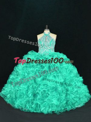 Fashion Sleeveless Organza Floor Length Lace Up Vestidos de Quinceanera in Turquoise with Beading and Ruffles