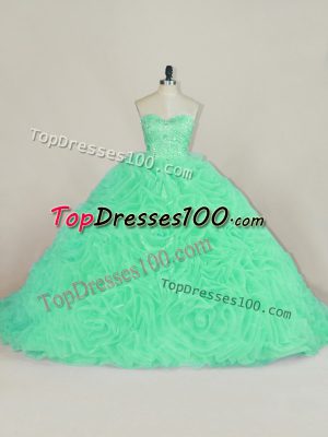 Green Lace Up Quinceanera Gowns Beading and Ruffles Sleeveless Court Train
