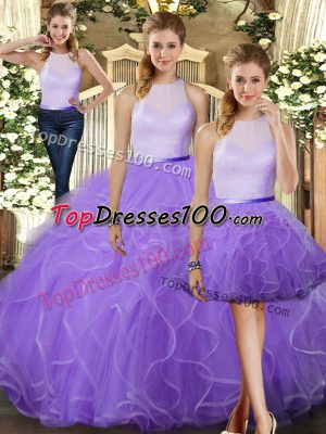 Stylish Lavender Three Pieces Ruffles Sweet 16 Quinceanera Dress Backless Tulle Sleeveless Floor Length