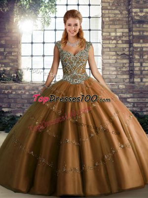 Floor Length Ball Gowns Sleeveless Brown Ball Gown Prom Dress Lace Up