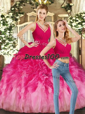 Fine Multi-color Tulle Backless V-neck Sleeveless Floor Length Sweet 16 Dresses Ruffles