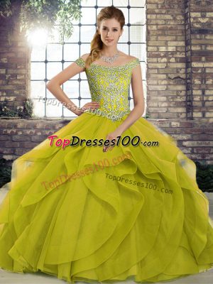 Olive Green Sweet 16 Dress Tulle Brush Train Sleeveless Beading and Ruffles