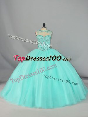 Flare Apple Green Quinceanera Gown Tulle Brush Train Sleeveless Beading