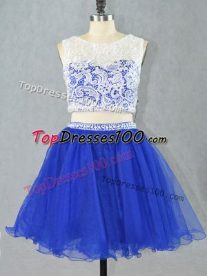 Ideal Royal Blue Sleeveless Mini Length Lace and Appliques Zipper Prom Party Dress