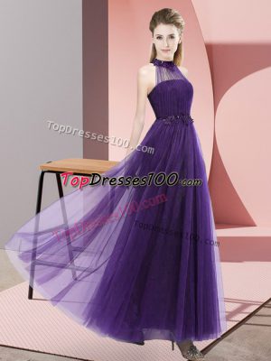 Floor Length Lace Up Bridesmaids Dress Purple for Wedding Party with Beading and Appliques