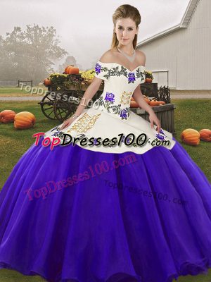 Fine Off The Shoulder Sleeveless Lace Up Quinceanera Gown White And Purple Organza