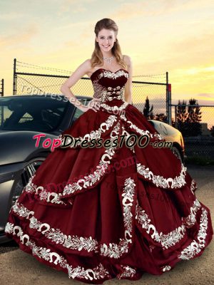 Classical Wine Red Sweet 16 Quinceanera Dress Sweet 16 and Quinceanera with Embroidery and Ruffled Layers Sweetheart Sleeveless Lace Up