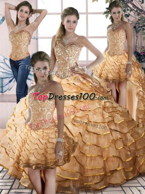 Gold Sweet 16 Dresses Sweet 16 and Quinceanera with Beading and Ruffled Layers Sweetheart Sleeveless Brush Train Lace Up