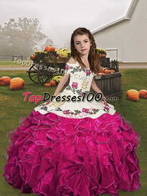 Attractive Sleeveless Lace Up Floor Length Embroidery and Ruffles Pageant Gowns For Girls
