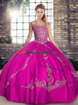 Dynamic Tulle Off The Shoulder Sleeveless Lace Up Beading and Embroidery Ball Gown Prom Dress in Fuchsia