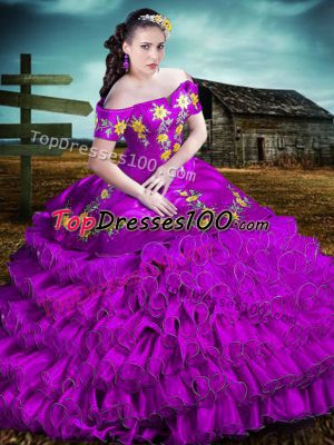 Purple Organza Lace Up Sweet 16 Dress Sleeveless Floor Length Embroidery and Ruffles