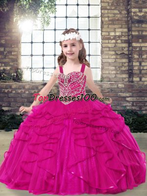 Fuchsia Ball Gowns Tulle Straps Sleeveless Beading Floor Length Lace Up Little Girl Pageant Gowns