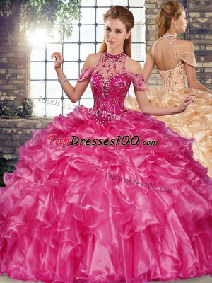 Halter Top Sleeveless Quinceanera Gowns Floor Length Beading and Ruffles Fuchsia Organza