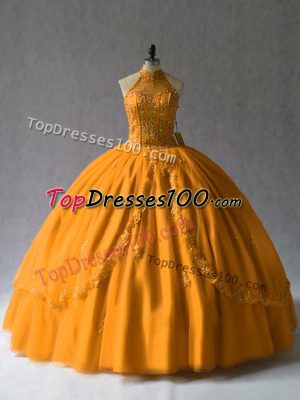 Fashionable Halter Top Lace Up Ball Gown Prom Dress Orange Tulle