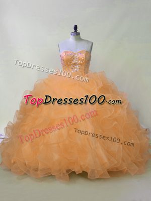 Dazzling Orange Lace Up 15 Quinceanera Dress Beading and Ruffles Sleeveless