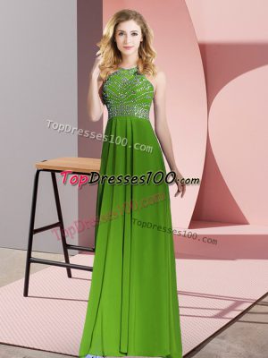 Green Chiffon Backless Scoop Sleeveless Floor Length Evening Dress Beading