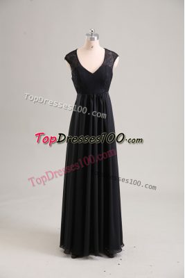 Super Black Cap Sleeves Lace Floor Length Prom Dresses