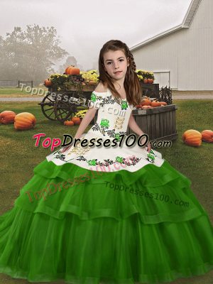 New Arrival Floor Length Lace Up Glitz Pageant Dress Green for Party and Quinceanera with Embroidery and Ruffled Layers